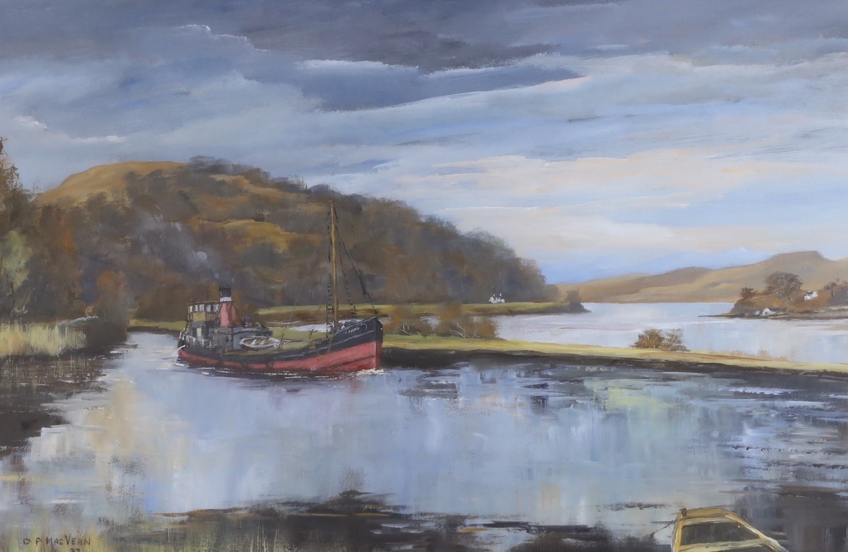 N. Dawson, watercolour, Alfriston Church, signed, 36 x 59cm and D. MacVean, gouache, 'Puffer in Bellanoch Bay', signed and dated '87, 40 x 60cm